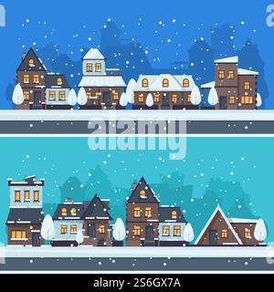 Schnee Winter Stadt. Städtische Landschaft mit weihnachtshäusern Ferienhäuser Vektorlandschaft. Illustration Straße Stadthaus, Winter saisonale Straße. Schnee Winter Stadt. Städtische Landschaft mit weihnachtshäusern Ferienhäuser Vektorlandschaft Stock Vektor