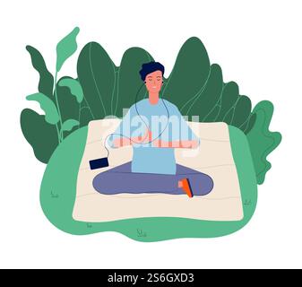 Meditationskonzept. Männliche Meditation, Yoga-Training. Wohlbefinden Lebensstil, Harmonie Energie und Ruhe Geist Vektor Illustration. Lotus Yoga Meditieren, Meditieren und Konzentration. Meditationskonzept. Männliche Meditation, Yoga-Training. Wohlbefinden Lebensstil, Harmonie Energie und Ruhe Geist Vektor Illustration Stock Vektor