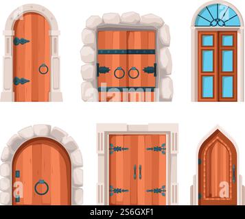 Alte Türen. Holzstein mittelalterliche und alte Gebäudetüren und Tore von Burgen Vektorentwürfen. Eingang zur Sammlung und Illustration der antiken Architektur. Alte Türen. Holzstein mittelalterliche und alte Gebäudetüren und Tore von Burgen Vektorentwürfen Stock Vektor