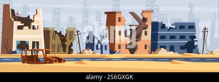 Kriegsgebiet. Beschädigte Stadt zerstört Umwelt kaputte Gebäude und Straße Zerstörung zusammenbrach Welt Vektor Cartoon Hintergrund. Stadtbauschäden nach Katastrophenabbildung. Kriegsgebiet. Beschädigte Stadt zerstört Umwelt kaputte Gebäude und Straße Zerstörung zusammenbrach Welt Vektor Cartoon Hintergrund Stock Vektor