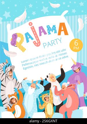 Schlafanzug Party. Poster Einladung für Kostüm Nachtwäsche Kleidung Pyjamas Feier Kinder und Eltern Vektor-Plakat. Schlafanzug-Einladungsparty, lächelnde Menschen in Kostüm Nachtwäsche Illustration. Schlafanzug Party. Poster Einladung für Kostüm Nachtwäsche Kleidung Pyjamas Feier Kinder und Eltern Vektor-Plakat Stock Vektor