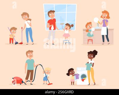 Hausarbeit für Kinder. Kinder, die Eltern helfen, den Vektorcharakter des Waschraums zu reinigen. Hausarbeit und Haushalt, Kind Tochter und Sohn helfen Illustration. Hausarbeit für Kinder. Kinder helfen Eltern beim Reinigen und Waschen von Vektorfiguren Stock Vektor