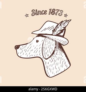 Jagd Retro Skizze Design. Beagle Jagdhund Kopf Silhouette mit Hut und Feder. Vervollständigt Jagd Vintage-Design. Vektorgrafik. Stock Vektor