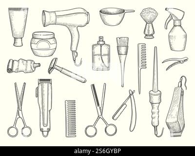 Friseurladen-Kollektion. Zeichenzubehör für Beauty Friseur Salon Rasierkamm Schere Trocknen Shampoo Spray Handtuch. Vektorsatz. Friseurzubehör, Schere Friseur Illustration. Friseurladen-Kollektion. Zeichenzubehör für Beauty Friseur Salon Rasierkamm Schere Trocknen Shampoo Spray Handtuch. Vektorsatz Stock Vektor
