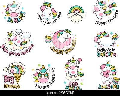 Einhorn-Labels-Kollektion. Retro-Sticker und -Abzeichen mit lustigen Fantasy-Charakteren Vektor-Set. Aufkleber mit Doodle-Abzeichen, Einhornaufkleber-Illustration. Einhorn-Labels-Kollektion. Retro-Sticker und -Abzeichen mit lustigen Fantasy-Charakteren Vektor-Set Stock Vektor