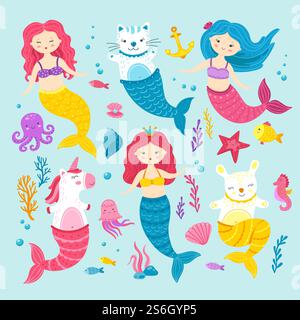 Katze Einhorn Meerjungfrau. Grafisch fröhliche magische Meerjungfrauen. Lustiges Cartoon Kätzchen Hase Pony. Sea Life Clipart für Kinder, niedliche Meerestiere Vektor-Set. Einhorntier, Kätzchen und Hase, glückliche magische Illustration. Katze Einhorn Meerjungfrau. Grafisch fröhliche magische Meerjungfrauen. Lustiges Cartoon Kätzchen Hase Pony. Sea Life Clipart für Kinder, niedliche Meerestiere Vektor-Set Stock Vektor