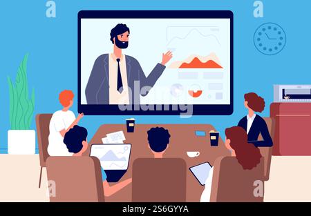 Online-Konferenz. Geschäftstreffen, Kommunikation mit Vorgesetzten oder Teamleitern per Video. Isolationsperiode, moderne Arbeitsvektorillustration. Business-Training, man Boss-Fachkonferenz. Online-Konferenz. Geschäftstreffen, Kommunikation mit Vorgesetzten oder Teamleitern per Video. Isolationsperiode, moderne digitale Dienste für Arbeitsvektorillustration Stock Vektor