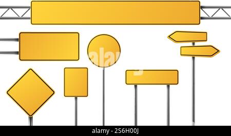 Realistisches gelbes Straßenschild. Isolierte Signaltabellen. Leere Straßenverkehrssymbole, Stoppbretter. Vektorsatz für Signalplatten. Straßenmarkierung zur Erfassung von Verkehrsdaten. Realistisches gelbes Straßenschild. Isolierte Signaltabellen. Leere Straßenverkehrssymbole, Stoppbretter. Vektorsatz für Signalplatten Stock Vektor