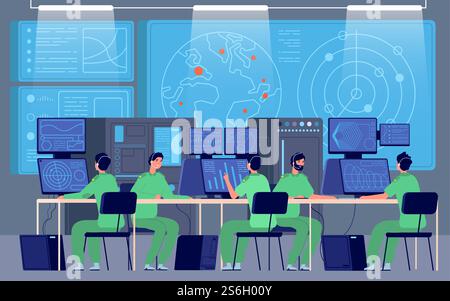 Kontrollzentrum der Regierung. Kommandoraum, Ingenieure, die militärische Mission kontrollieren. Sicherheitsstation, Vektor der Cybersicherheitsabteilung. Sicherheitszentrum der Regierung, Steuerungs- und Überwachungsdarstellung. Kontrollzentrum der Regierung. Kommandoraum, Ingenieure, die militärische Mission kontrollieren. Sicherheitsstation, Vektorkonzept der Cybersicherheitsabteilung Stock Vektor