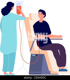 Man Spender. Krankenschwester, ärztliche Untersuchung der Blutspende. Gesundheitsanalyse, flacher Junge im Krankenhaus hat Behandlung Vektor Illustration. Medizinische Versorgung und Spenderblut. Man Spender. Krankenschwester, ärztliche Untersuchung der Blutspende. Gesundheitsanalyse, flacher Junge im Krankenhaus hat Behandlung Vektor Illustration Stock Vektor