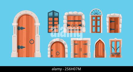Mittelalterliche Türen. Alte Holz- und Stahltüren altes Gebäude Wand geheimnisvolle Portal Vektortore in flachem Stil. Mittelalterliche Holztür, altes Tor zur Illustration der Burg. Mittelalterliche Türen. Alte Holz- und Stahltüren altes Gebäude Wand geheimnisvolle Portal Vektortore in flachem Stil Stock Vektor