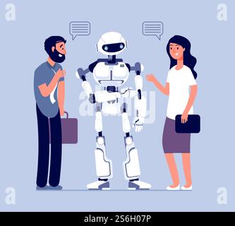 Die Leute sprechen mit dem Roboter. Technologie hilft Kunden, Unternehmen helfen Support. Chatbot-Messenger, Mann-Frau-Dialog mit bot-Vektor-Konzept. Illustration Roboter- und Personenkommunikation Illustration. Die Leute sprechen mit dem Roboter. Technologie hilft Kunden, Unternehmen helfen Support. Chatbot-Messenger, Mann-Frau-Dialog mit bot-Vektor-Konzept Stock Vektor