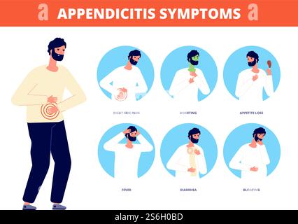 Appendizitis-Symptome. Abdominale Schmerzkrankheit, Durchfall Übelkeit Erbrechen. Magenkrämpfe kolisch, Notfallvektorillustration. Bauchschmerzen und Blinddarmkrankheit, Durchfall und Schmerzen. Appendizitis-Symptome. Abdominale Schmerzkrankheit, Durchfall Übelkeit Erbrechen. Magenkrämpfe kolisch, Notfallvektorillustration Stock Vektor