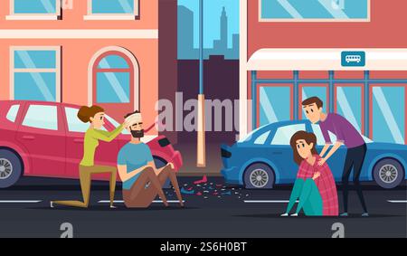 Erste Hilfe. Verkehrsunfall persönliche Hilfe Person zu Auto oder Radfahrer Medizin Vektor Karikaturhintergrund. Unfälle auf der Straße, Autounfälle und Menschen helfen dem Fahrer, sich zu veranschaulichen. Erste Hilfe. Verkehrsunfall persönliche Hilfe Person zu Auto oder Radfahrer Medizin Vektor Karikaturhintergrund Stock Vektor