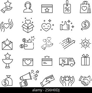 Symbole für Treueprogramme. Exklusive Rabatte, Prämienvorteile für Kunden und Prämienpunkte. Symbole für Vektorlinien auf der Benutzeroberfläche der Shopping-Website. Treueprogramm und Rabattprogramm, Illustration der Bonusaktion. Symbole für Treueprogramme. Exklusive Rabatte, Prämienvorteile für Kunden und Prämienpunkte. Symbole für Vektorlinien auf der Benutzeroberfläche der Shopping-Website Stock Vektor