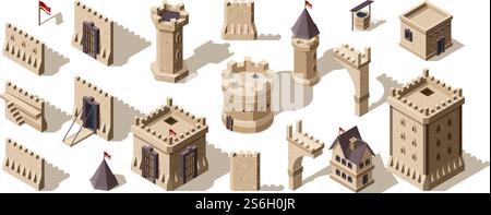 Schlösser isometrisch. Mittelalterliche Gebäude Backsteinmauer für Low Poly Game Asset alte Fort Vektorset. Architektur Schloss, altes altes altes mittelalterliches Gebäude... Schlösser isometrisch. Mittelalterliche Gebäude Backsteinmauer für Low Poly Game Asset alte Fort Vektorset Stock Vektor