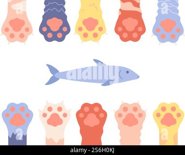 Tierpfoten. Lustige Katzenfüße im Hintergrund. Isolierte Wildtierbeine und Fische, Kitten-Fußabdrücke Rahmen. Vektorbanner für Tierärzte oder Tierhandlungen. Illustration Kätzchen Wildtiere, Fußkatze und Fische. Tierpfoten. Lustige Katzenfüße im Hintergrund. Isolierte Wildtierbeine und Fische, Kitten-Fußabdrücke Rahmen. Vektorbanner für Tierärzte oder Tierhandlungen Stock Vektor