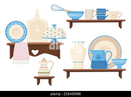 Keramische Küchenutensilien. Cafe Restaurant Ausstattung dekorative handgemachte farbige Gerichte Tassen Teekannen Überzug Vektor stilvolle Kochgeschirr. Küche Kochgeschirr, Haushalt Teetasse und Kanne Illustration. Keramische Küchenutensilien. Cafe Restaurant Ausstattung dekorative handgemachte farbige Gerichte Tassen Teekannen Überzug Vektor stilvolle Kochgeschirr Stock Vektor