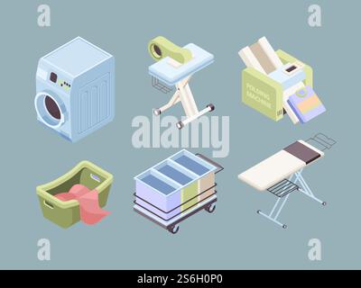 Isometrische Wäsche. Stoffblasen saubere Servicetücher schmutzige Fleckwaschsalon Seifenvektorsammlung. Illustration für elektrische Wäsche und Waschsalon, schmutzige Stoffe und Haushaltsgeräte. Isometrische Wäsche. Stoffblasen saubere Servicetücher schmutzige Fleckwaschsalon Seifenvektorsammlung Stock Vektor