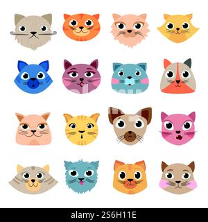 Katzen Köpfe. Nette lustige Haustiere farbige Köpfe glückliche Gesichter ausdrucksstarke Emotionen Vektor-Set. Katzentier, Haustier lustig Set Gesicht Illustration. Katzen Köpfe. Nette lustige Haustiere farbige Köpfe glückliche Gesichter ausdrucksstarke Emotionen Vektor-Set Stock Vektor
