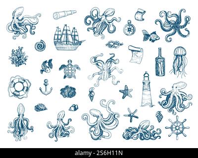 Meeresbilder. Oktopus nautische Set wilde Tintenfischmuscheln Monster Kraken Vektor Hand gezeichnete Sammlung. Octopus Monster, Meeresfrüchte und Quallen Illustration. Meeresbilder. Oktopus nautische Set wilde Tintenfischmuscheln Monster Kraken Vektor Hand gezeichnete Sammlung Stock Vektor