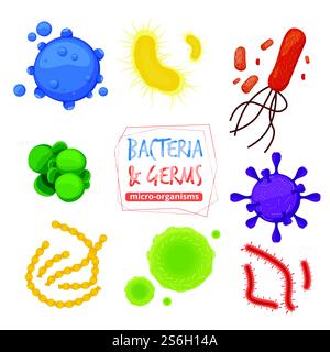 Mikroben. Biologie pandemische Viren Allergen- und pathogenmikroskopische Ansichten Vektorbakteriensammlung. Organismus-Biologie-Erreger, mikroskopisches Infektionsvirus, Mikroben-Coronavirus-Illustration. Mikroben. Biologie pandemische Viren Allergen- und pathogenmikroskopische Ansichten Vektorbakteriensammlung Stock Vektor