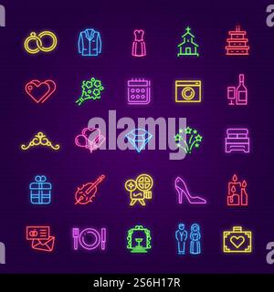 Hochzeitsneonschild. Glühen-Symbole für die Party. Bräutigam Kuchen, Ringe und Schuhe. Club, Webseite, Vektorsymbole feiern. Helles Hochzeitsgruß-Logo, elektrische Emblem Schuhe Kerze Illustration. Hochzeitsneonschild. Glühen-Symbole für die Party. Bräutigam Kuchen, Ringe und Schuhe. Club, Webseite, Vektorsymbole feiern Stock Vektor