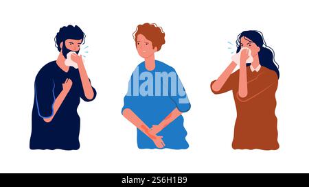 Saisonale Allergie. Allergiker, kratzende Haut, Husten und Niesen. Isolierte Vektorillustration für kranke Frauen. Allergiker, Kranke und Krankheitscharakter. Saisonale Allergie. Allergiker, kratzende Haut, Husten und Niesen. Isolierte Vektorillustration für kranke Frauen Stock Vektor