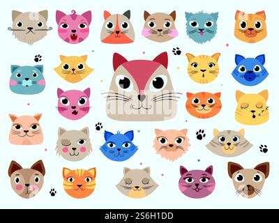 Kitty-Kopf. Lustige Tiere Hauskatzen verschiedene Emotionen Vektor-Kritzelillustrationen. Kitty-Kopf, Katzentier-Charakter. Kitty-Kopf. Lustige Tiere Hauskatzen verschiedene Emotionen Vektor-Kritzelillustrationen Stock Vektor