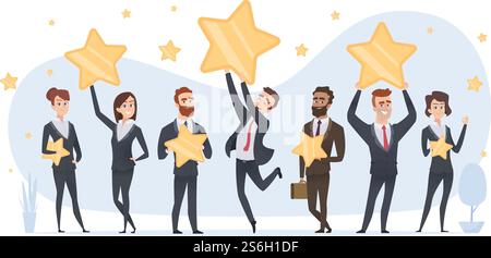 Bewertungssterne. Menschen, die verschiedene Stars von Bewertungen in Händen halten und das Vektor-Business-Konzept bewerten. Bewertungssterne für Illustrationen und Feedback. Bewertungssterne. Menschen, die verschiedene Stars von Bewertungen in Händen halten und das Vektor-Business-Konzept bewerten Stock Vektor