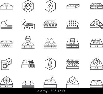 Matratzensymbole. Memory-Symbole aus weichem Latexschaum. Matratzen, natürliche Bio- und orthopädische Bettwäsche. Waschbares atmungsaktives Bettvektorset. Weiche, lineare Matratze mit weichem Schlaf und unflexibler Matratze. Matratzensymbole. Memory-Symbole aus weichem Latexschaum. Matratzen, natürliche Bio- und orthopädische Bettwäsche. Waschbares atmungsaktives Bettvektorset Stock Vektor
