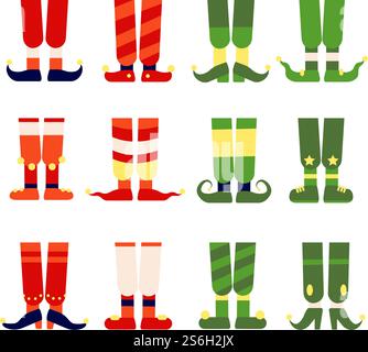 Elfenfüße und Beine. weihnachtssanta Elfen, die Schuhe Stiefel tragen. Netter Kobold oder Zwergfuß, flache Weihnachtslustige Magie Vektor Illustration. Elfenschuhe Weihnachten, gestreifte Deko-Socken. Elfenfüße und Beine. weihnachtssanta Elfen, die Schuhe Stiefel tragen. Netter Kobold oder Zwergfuß, flache Weihnachtslustige Magie Vektor Illustration Stock Vektor