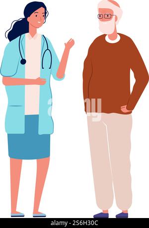 Alter Mann und Arzt. Gesundheitsprävention, ärztliche Beratung für ältere Menschen. Gesundheitswesen, männliche und junge Krankenschwester Vektor-Illustration. Großvater Patient und Charakterarzt geben Rat. Alter Mann und Arzt. Gesundheitsprävention, ärztliche Beratung für ältere Menschen. Gesundheitswesen, männliche und junge Krankenschwester Vektor-Illustration Stock Vektor