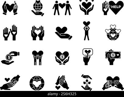 Philanthropie-Set. Tragen Sie Love Volunteers Güter Wohltätigkeitsorganisationen Hände mit Herzen Vektor-Konzeptsymbole bei. Liebe wohltätige Pflege, Unterstützung und philanthropische Illustration. Philanthropie-Set. Tragen Sie Love Volunteers Güter Wohltätigkeitsorganisationen Hände mit Herzen Vektor-Konzeptsymbole bei Stock Vektor