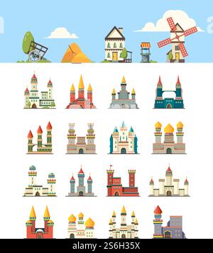 Mittelalterliche Gebäude. Königreich alte Bau Schlösser Häuser Felswände Wellness gut Bau Vektor. Illustration Schloss und Zitadelle, Gebäude mittelalterliche Sammlung. Mittelalterliche Gebäude. Königreich alte Bau Schlösser Häuser Felswände Wellness gut Bau Vektor Stock Vektor