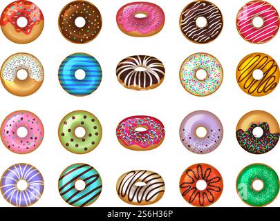 Donuts Desserts. Runde Fast Food-Produkte leckere Schokoladenringe Kuchen farbige Vektor-Set. Donut-Snack, Dessert runde glasierte Illustration. Donuts Desserts. Runde Fast Food-Produkte leckere Schokoladenringe Kuchen farbige Vektor-Set Stock Vektor