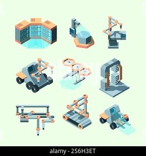 Industrie-Isometrie. Intelligente Maschinen Roboterfernsteuerung Produktionsprozesse elektronische Geräte Intellegence Werkzeuge Vektorbilder. Automationsmaschinen für Illustrationen, isometrische Fertigung. Industrie-Isometrie. Intelligente Maschinen Roboterfernsteuerung Produktionsprozesse elektronische Geräte Intellegence Werkzeuge Vektorbilder Stock Vektor