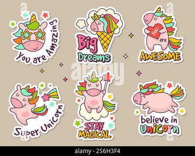 Einhornabzeichen. Mode-Labels Set oder Aufkleber mit Märchenfiguren Vektor Retro Objekte Set. Einhorn-Regenbogen, Patch magische Märchenillustration. Einhornabzeichen. Mode-Labels Set oder Aufkleber mit Märchenfiguren Vektor Retro Objekte Set Stock Vektor
