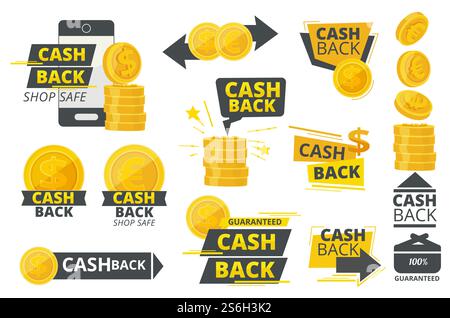 Geld zurück. Aktionsservice für Vektoraufkleber oder Abzeichen für Märkte. Illustration des Emblems Bargeld, Finanzgeschäft Cashback. Geld zurück. Aktionsservice für Vektoraufkleber oder Abzeichen für Märkte Stock Vektor