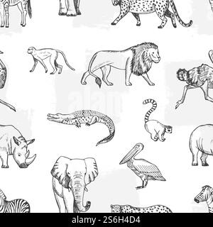 Tiermuster skizzieren. Afrikanische, asiatische Fauna. Elefant und Affe, Löwe und Krokodil Vektor nahtlose Textur. Illustration Elefant und Löwe, Dschungel-Textiltiere. Tiermuster skizzieren. Afrikanische, asiatische Fauna. Elefant und Affe, Löwe und Krokodil Vektor nahtlose Textur Stock Vektor