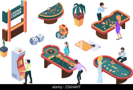 Casino-Leute. Gaming Nachtclub Karten Poker Spielautomat Glücksspiel Zeichen Vektor isometrische Illustration. Glücksspiel Poker, Casino und Roulette, Jackpot Glück. Casino-Leute. Gaming Nachtclub Karten Poker Spielautomat Spielfiguren Vektor isometrische Illustrationen Stock Vektor