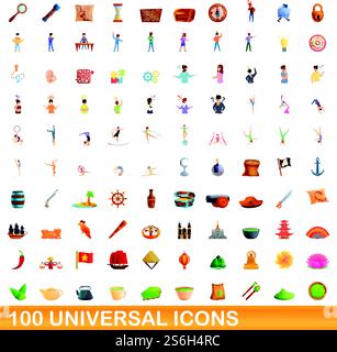 100 universelle Symbole. Zeichentrickillustration von 100 universellen Symbolen Vektor-Satz isoliert auf weißem Hintergrund. 100 universelle Symbole im Cartoon-Stil Stock Vektor