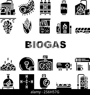 Biogas Energie Kraftstoffsammelsymbole Set Vektor. Biogas-Tankstelle Und Zylinder, Mais Und Algen Natürliche Inhaltsstoffe Von Gas, Methan Und Wasserstoff Glyphen Piktogramme Schwarze Illustrationen. Biogas Energie Kraftstoffsammelsymbole Set Vektor Stock Vektor