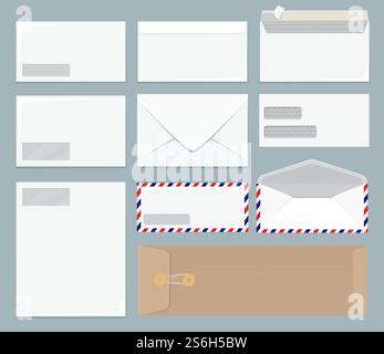 Hüllkurvenvorlage. Büro Nahaufnahme leeres Modell realistischer Business Papier Briefumschlag Vektor. Illustration Postmodell Umschlag, leere realistische Post. Hüllkurvenvorlage. Büro Nahaufnahme leeres Modell realistischer Business Papier Briefumschlag Vektor Stock Vektor