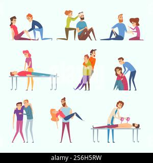 Erste Soforthilfe. Unfallstraßenhilfe für Verletzungsopfer geschädigte Personen Vektor-medizinische Illustrationen. Erste Soforthilfe, medizinische Hilfe. Erste Soforthilfe. Unfallstraßenhilfe für Verletzungsopfer geschädigte Personen Vektor-medizinische Illustrationen Stock Vektor