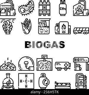 Biogas Energie Kraftstoffsammelsymbole Set Vektor. Biogas-Tankstelle Und Zylinder, Mais Und Algen Natürliche Inhaltsstoffe Von Gas, Methan Und Wasserstoff Schwarze Konturgrafien. Biogas Energie Kraftstoffsammelsymbole Set Vektor Stock Vektor
