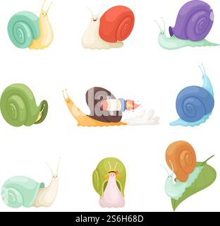 Schnecken-Zeichentrick. Charaktere lustige Insekten Tiere Vektorsymbole von langsam. Illustration lustige Gastropode, schleimige Tierinsekte, Schnecke schnell. Schnecken-Zeichentrick. Charaktere lustige Insekten Tiere Vektorsymbole von langsam Stock Vektor