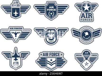 Luftwaffe-Etiketten. Vintage Armee Abzeichen militärische Symbole Adlerflügel und Waffen Vektor Illustrationen Set. Logo der Militärarmee, Aufkleber Vintage-Abzeichen. Luftwaffe-Etiketten. Vintage Armee Abzeichen militärische Symbole Adlerflügel und Waffen Vektor Illustrationen Set Stock Vektor