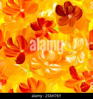 Nahtlose Muster abstrakter roter Blumen, handgezeichnet, Impressionismus-Stil, Farbtextur, Kunstmalerei, Kreativer handgemalter Kunsthintergrund, Stockfoto