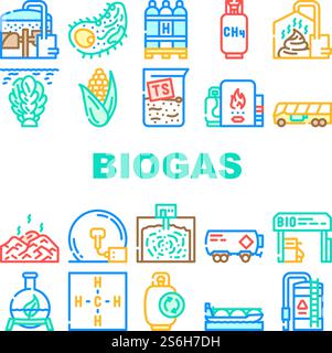 Biogas Energie Kraftstoffsammelsymbole Set Vektor. Biogas-Tankstelle Und Zylinder, Mais Und Algen Natürliche Inhaltsstoffe Von Gas, Methan Und Wasserstoff Konzept Lineare Piktogramme. Konturabbildungen. Biogas Energie Kraftstoffsammelsymbole Set Vektor Stock Vektor